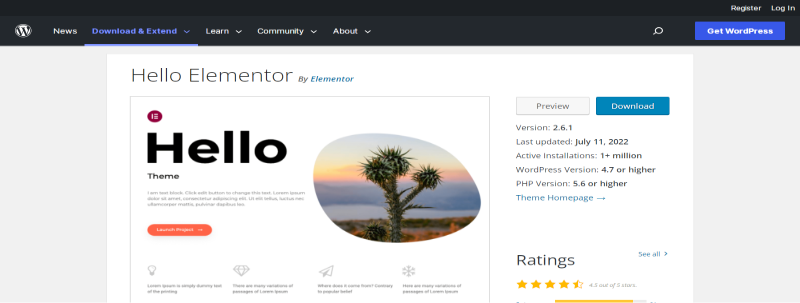 Hello Elementor thème WordPress rapide