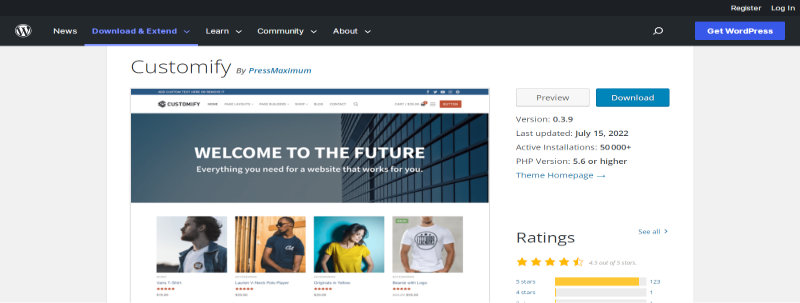 Customify thème rapide pour WordPress