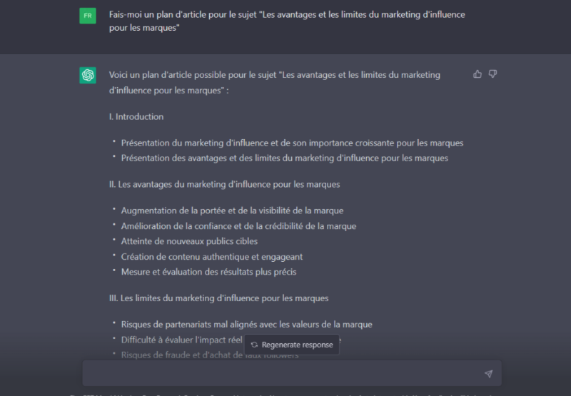 invite chatGPT pour faire le plan d'un article