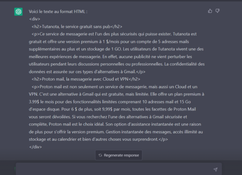 prompt chatGPT pour mettre un texte au format html
