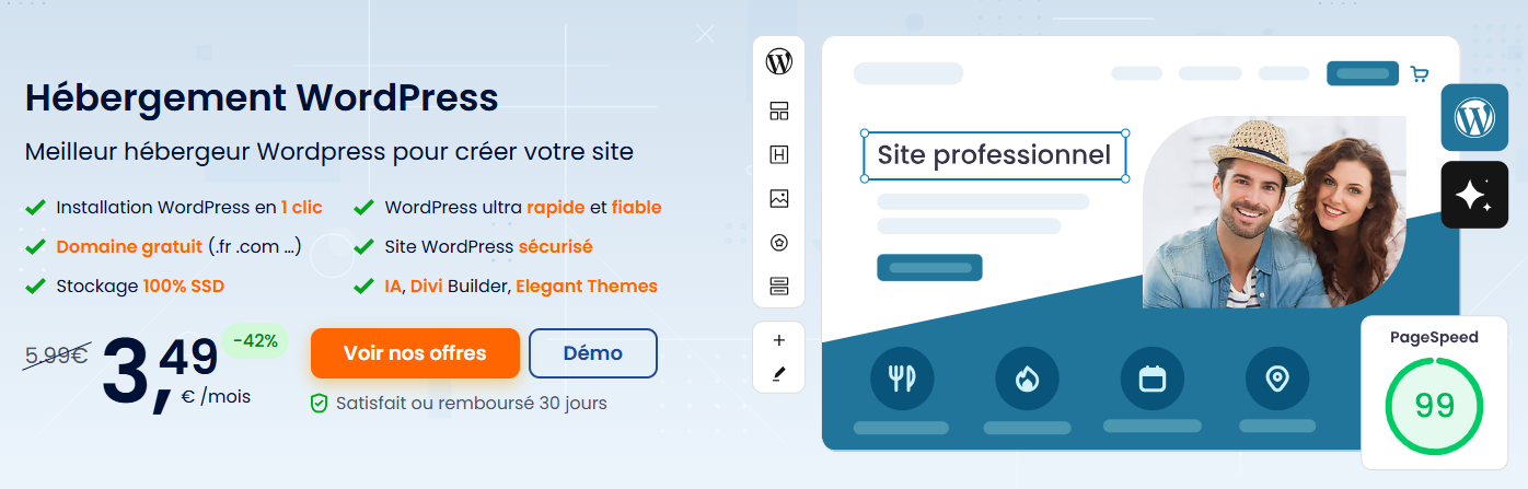 Optez pour notre hébergement WordPress et bénéficiez du constructeur de site WordPress IA et de tout le nécessaire pour créer et lancer votre site