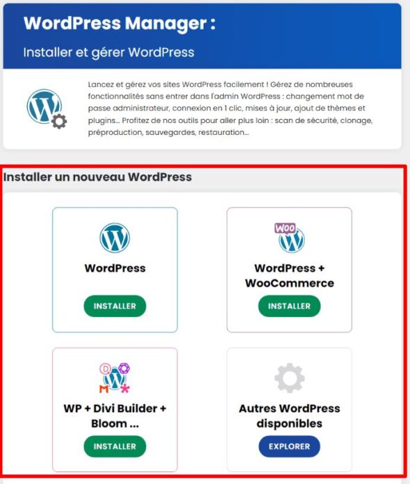 Avec WP Manager, votre installation WP est simplifiée grâce aux packs déjà inclus